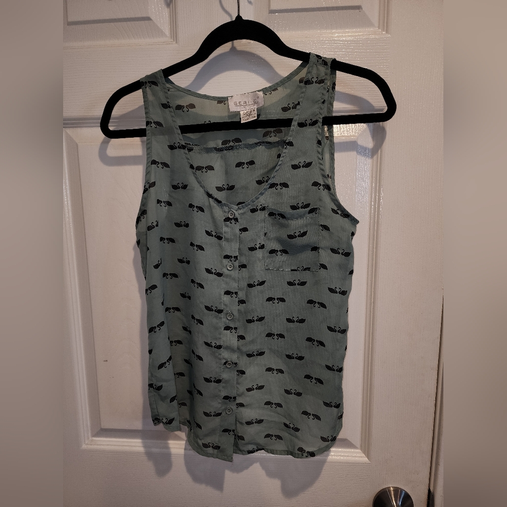 GERI C. New York - Mint Green Sleeveless Blouse with Black Swan-Couple Print